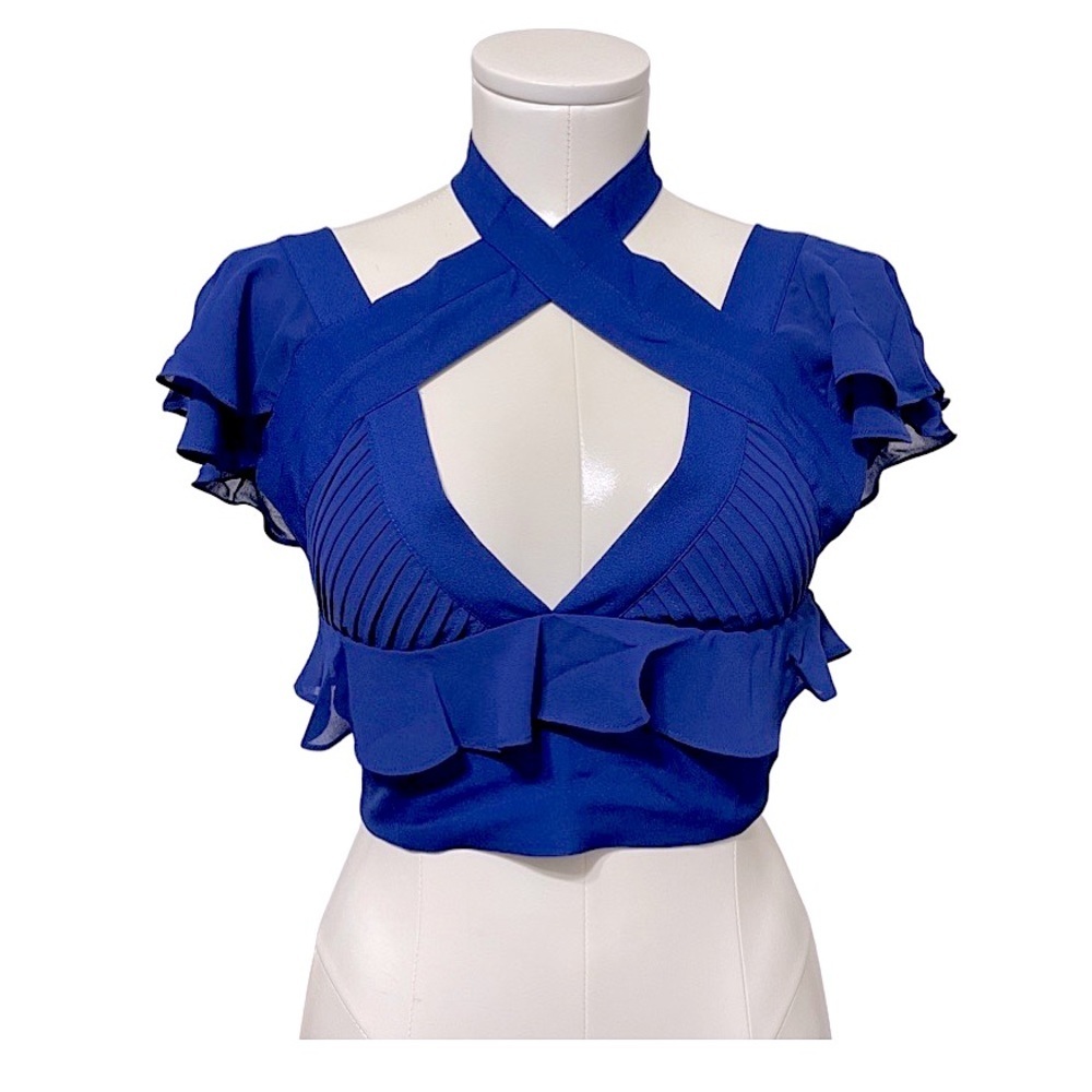 NASTY GAL blue ruffled flutter sleeve criss cross crop top XS. NWT